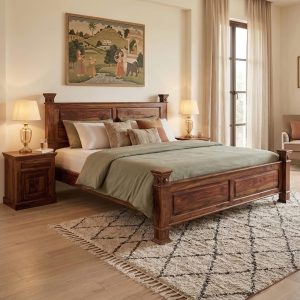 Premium Sheesham Wood Queen Size Bed Without Storage with solid wood panel headboard and durable handcrafted frame for modern bedrooms
