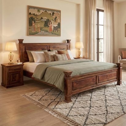 Premium Sheesham Wood Queen Size Bed Without Storage with solid wood panel headboard and durable handcrafted frame for modern bedrooms