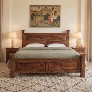 Premium Sheesham Wood Queen Size Bed Without Storage with solid wood panel headboard and durable handcrafted frame for modern bedrooms