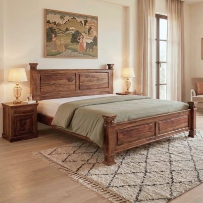 Premium Sheesham Wood Queen Size Bed Without Storage with solid wood panel headboard and durable handcrafted frame for modern bedrooms