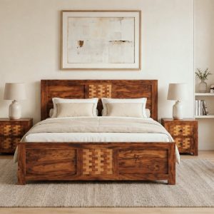 Premium Sheesham Wood Bed online with unique woven chip design