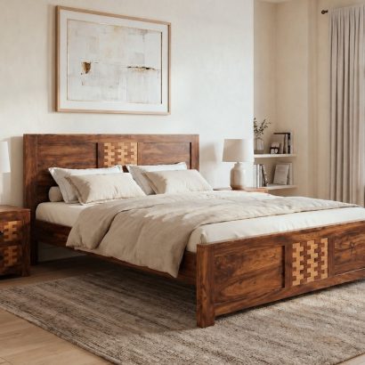 Premium Sheesham Wood Bed online with unique woven chip design