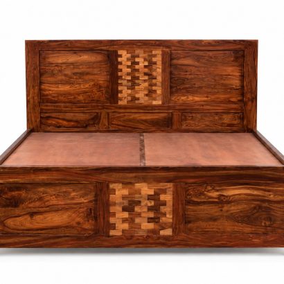 Premium Sheesham Wood Bed online with unique woven chip design