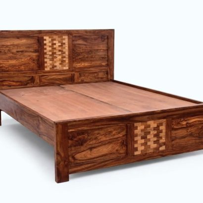 Premium Sheesham Wood Bed online with unique woven chip design