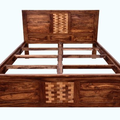 Premium Sheesham Wood Bed online with unique woven chip design