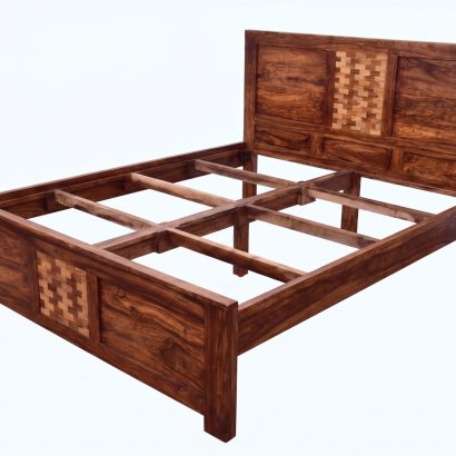 Premium Sheesham Wood Bed online with unique woven chip design