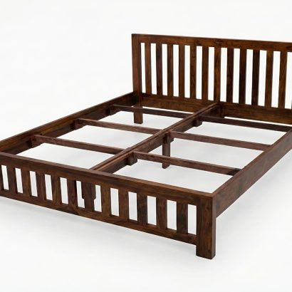 Solid Sheesham Wood Slatted King Size Bed with vertical panel headboard and footboard in a modern bedroom featuring natural wood finish and white bedding.