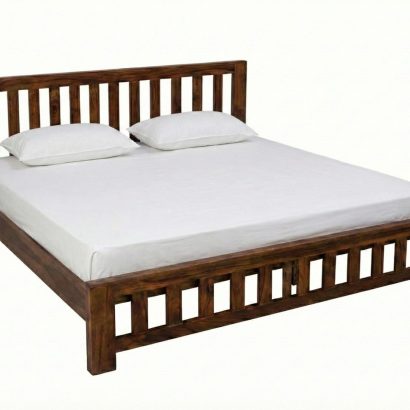 Solid Sheesham Wood Slatted King Size Bed with vertical panel headboard and footboard in a modern bedroom featuring natural wood finish and white bedding.