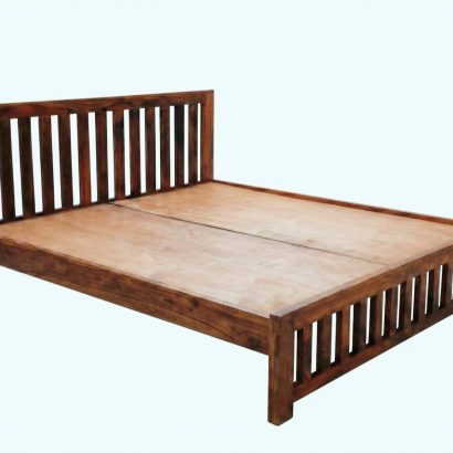Solid Sheesham Wood Slatted King Size Bed with vertical panel headboard and footboard in a modern bedroom featuring natural wood finish and white bedding.