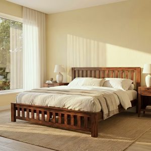 Solid Sheesham Wood Slatted King Size Bed with vertical panel headboard and footboard in a modern bedroom featuring natural wood finish and white bedding.