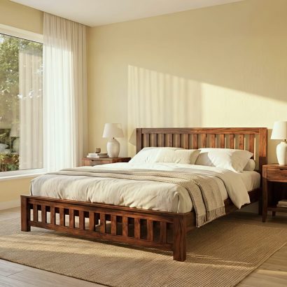 Solid Sheesham Wood Slatted King Size Bed with vertical panel headboard and footboard in a modern bedroom featuring natural wood finish and white bedding.