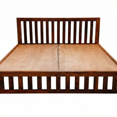Solid Sheesham Wood Slatted King Size Bed with vertical panel headboard and footboard in a modern bedroom featuring natural wood finish and white bedding.