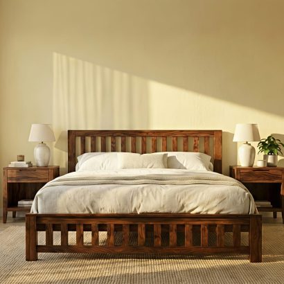 Solid Sheesham Wood Slatted King Size Bed with vertical panel headboard and footboard in a modern bedroom featuring natural wood finish and white bedding.