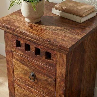 Solid Sheesham Wood Bedside Table with Drawer for Bedroom