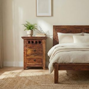 Solid Sheesham Wood Bedside Table with Drawer for Bedroom