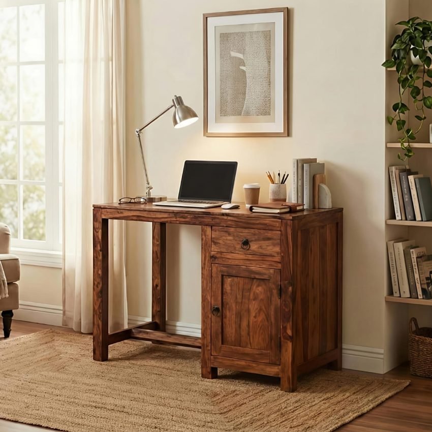 Solid Wood Study Table with Drawer & Cabinet for Home Office