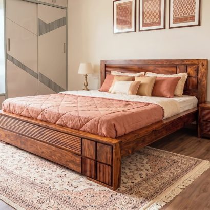 Solid Wood Bed Online Without Storage in premium Sheesham wood with modern slatted headboard