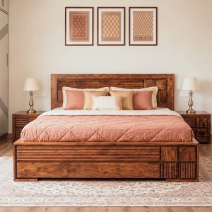 Solid Wood Bed Online Without Storage in premium Sheesham wood with modern slatted headboard