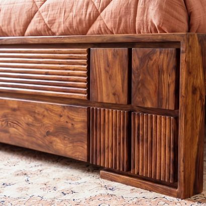 Solid Wood Bed Online Without Storage in premium Sheesham wood with modern slatted headboard