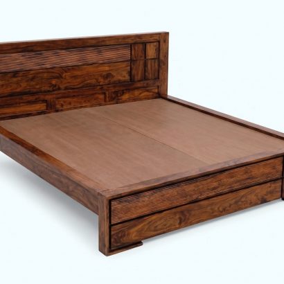 Solid Wood Bed Online Without Storage in premium Sheesham wood with modern slatted headboard