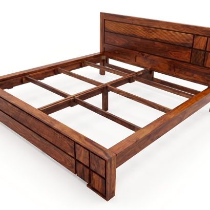 Solid Wood Bed Online Without Storage in premium Sheesham wood with modern slatted headboard