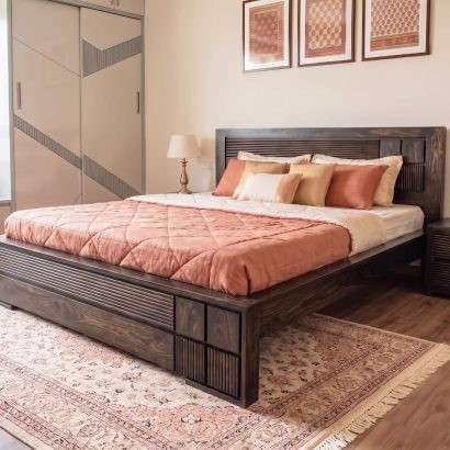 Solid Wood Bed Online Without Storage in premium Sheesham wood with modern slatted headboard