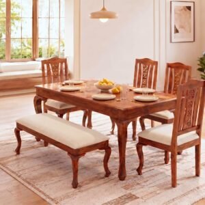 Elegant wooden 6 seater dining table set with carved chairs and bench