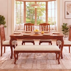 Elegant wooden 6 seater dining table set with carved chairs and bench