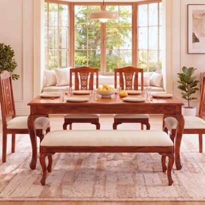 Elegant wooden 6 seater dining table set with carved chairs and bench