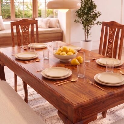 Elegant wooden 6 seater dining table set with carved chairs and bench