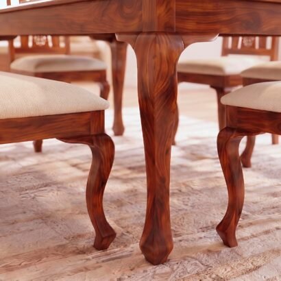 Elegant wooden 6 seater dining table set with carved chairs and bench