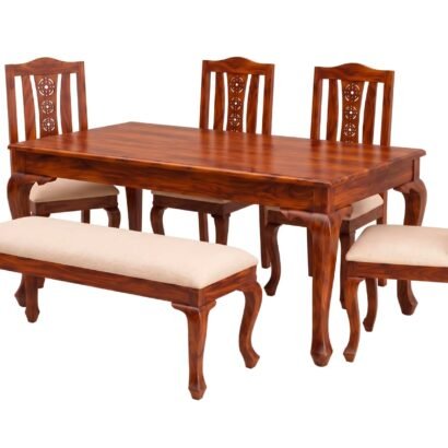 Elegant wooden 6 seater dining table set with carved chairs and bench
