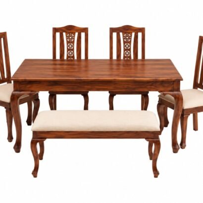 Elegant wooden 6 seater dining table set with carved chairs and bench