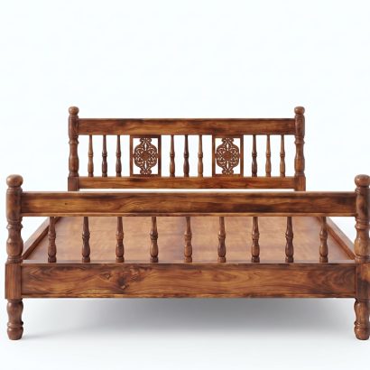 Premium carved wooden bed online made from solid Sheesham wood with an elegant carved headboard and classic spindle design.