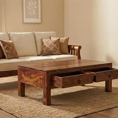 Solid Sheesham Wood Coffee Table with Storage Drawers for Living Room
