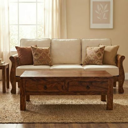 Solid Sheesham Wood Coffee Table with Storage Drawers for Living Room