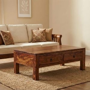 Solid Sheesham Wood Coffee Table with Storage Drawers for Living Room