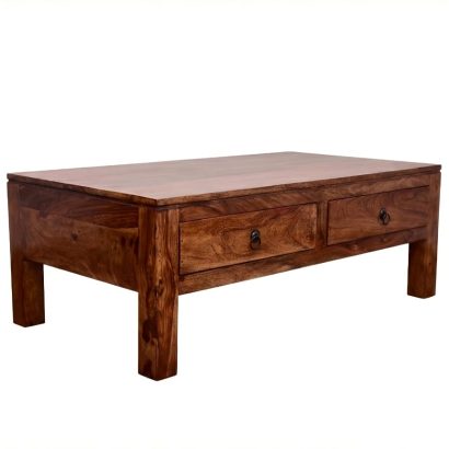 Solid Sheesham Wood Coffee Table with Storage Drawers for Living Room