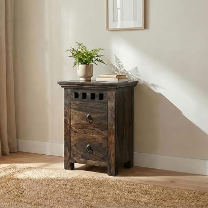 Solid Sheesham Wood Bedside Table with Drawer for Bedroom