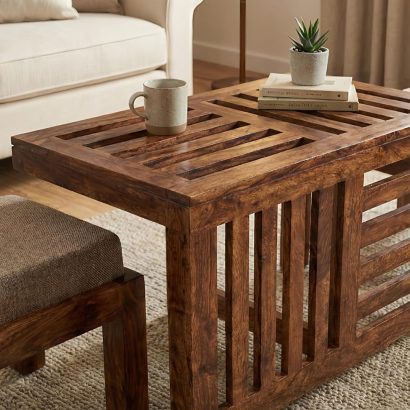 Solid Sheesham wood coffee table set with 2 cushioned stools for living room