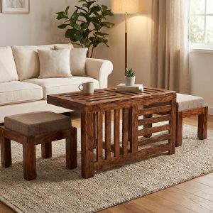 Solid Sheesham wood coffee table set with 2 cushioned stools for living room