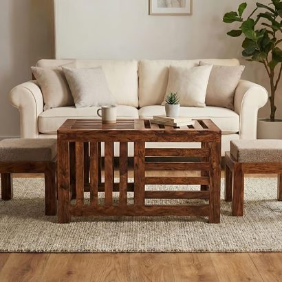 Solid Sheesham wood coffee table set with 2 cushioned stools for living room