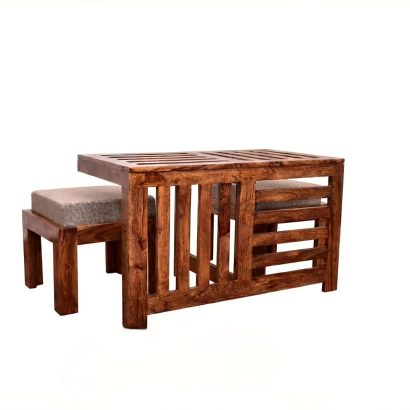 Solid Sheesham wood coffee table set with 2 cushioned stools for living room