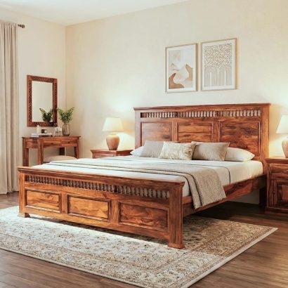 Solid Sheesham Wood Bed with Carved Headboard for Modern Bedroom