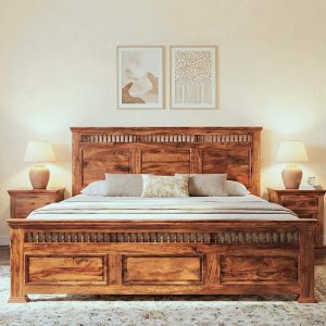 Solid Sheesham Wood Bed with Carved Headboard for Modern Bedroom
