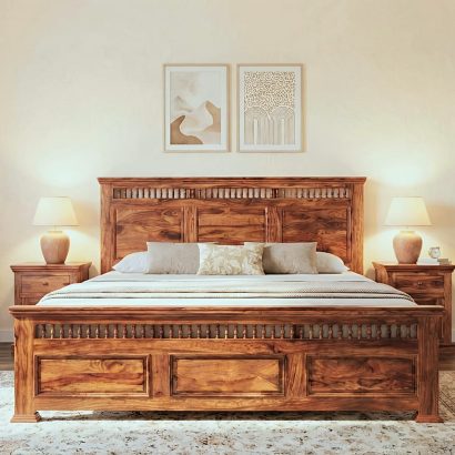 Solid Sheesham Wood Bed with Carved Headboard for Modern Bedroom