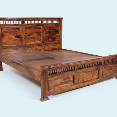 Solid Sheesham Wood Bed with Carved Headboard for Modern Bedroom