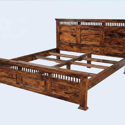 Solid Sheesham Wood Bed with Carved Headboard for Modern Bedroom