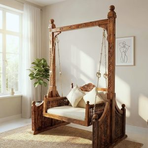 Wooden swing jhula for living room solid wood carved design with stand