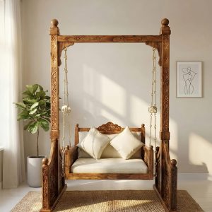 Wooden swing jhula for living room solid wood carved design with stand
